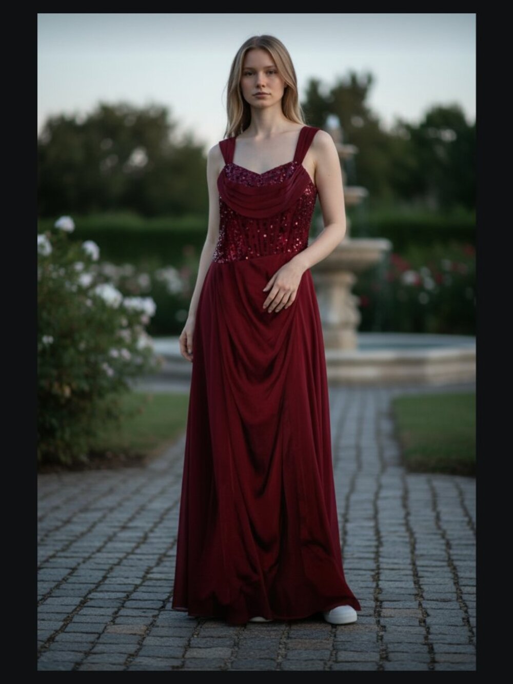 Dark red size 2 long formal gown with wide straps EARRINGS INCLUDED